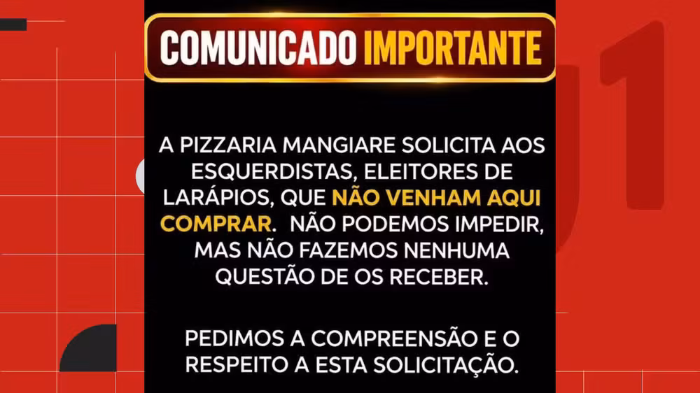 Polícia Militar apura conduta de PM dono de pizzaria que pediu para clientes de esquerda não frequentarem local, em JP