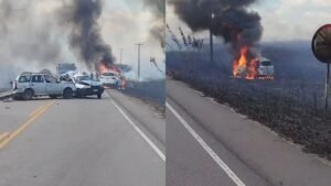 Incêndio em área de vegetação provoca acidente com seis veículos em Alhandra